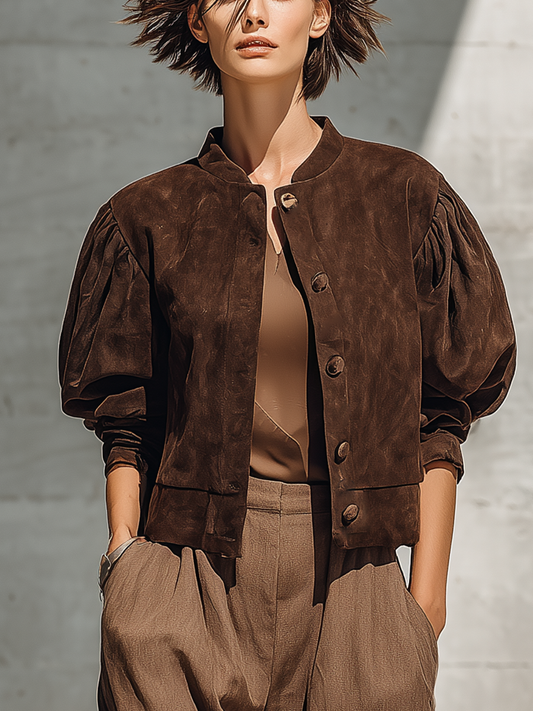 ZAIRA | Chaqueta Marrón con Cuello Alto y Mangas Abullonadas