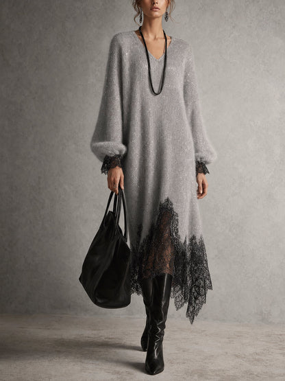 GRISELDA | Vestido Midi de Punto Luminoso con Bajo de Encaje