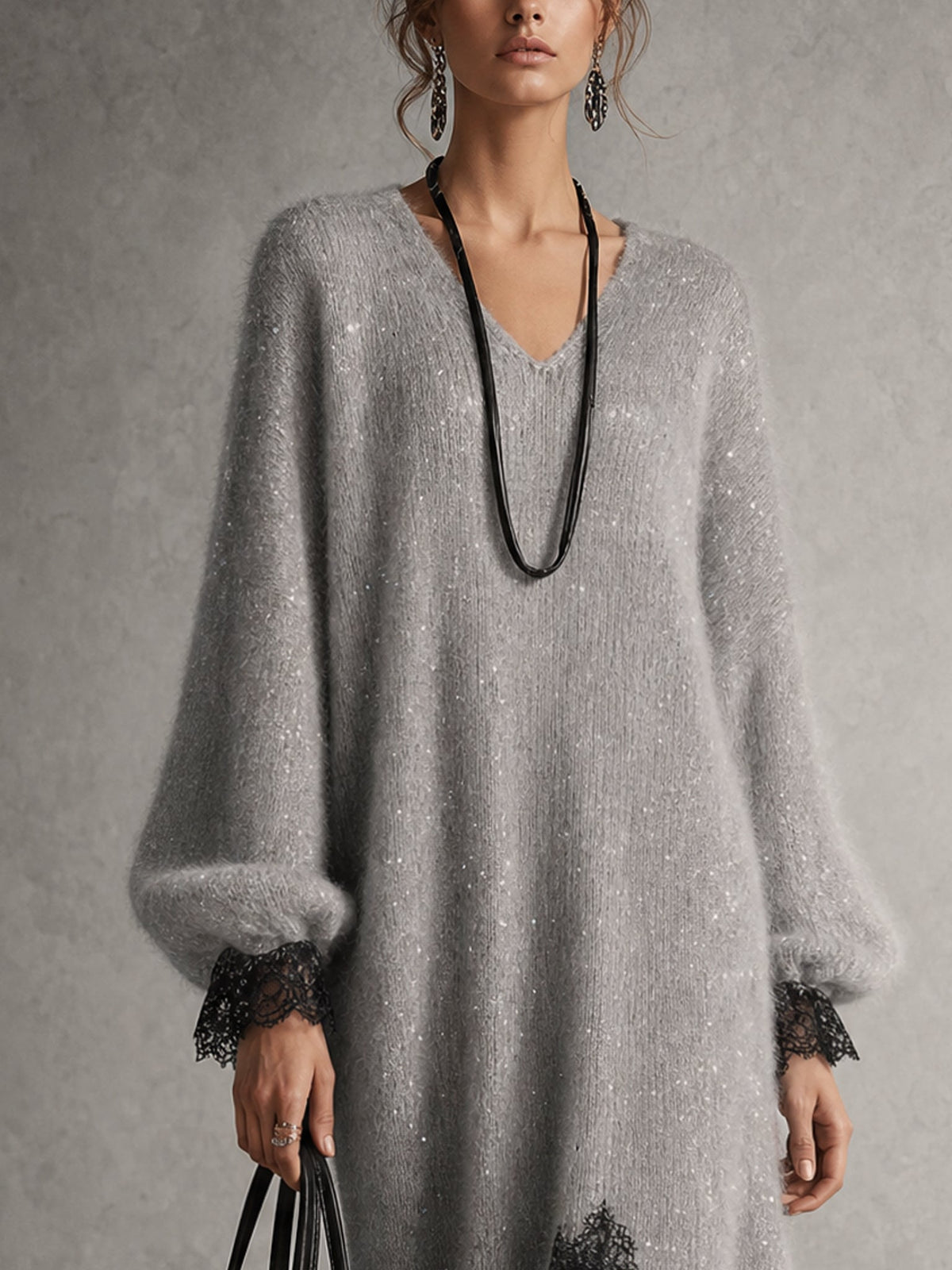 GRISELDA | Vestido Midi de Punto Luminoso con Bajo de Encaje