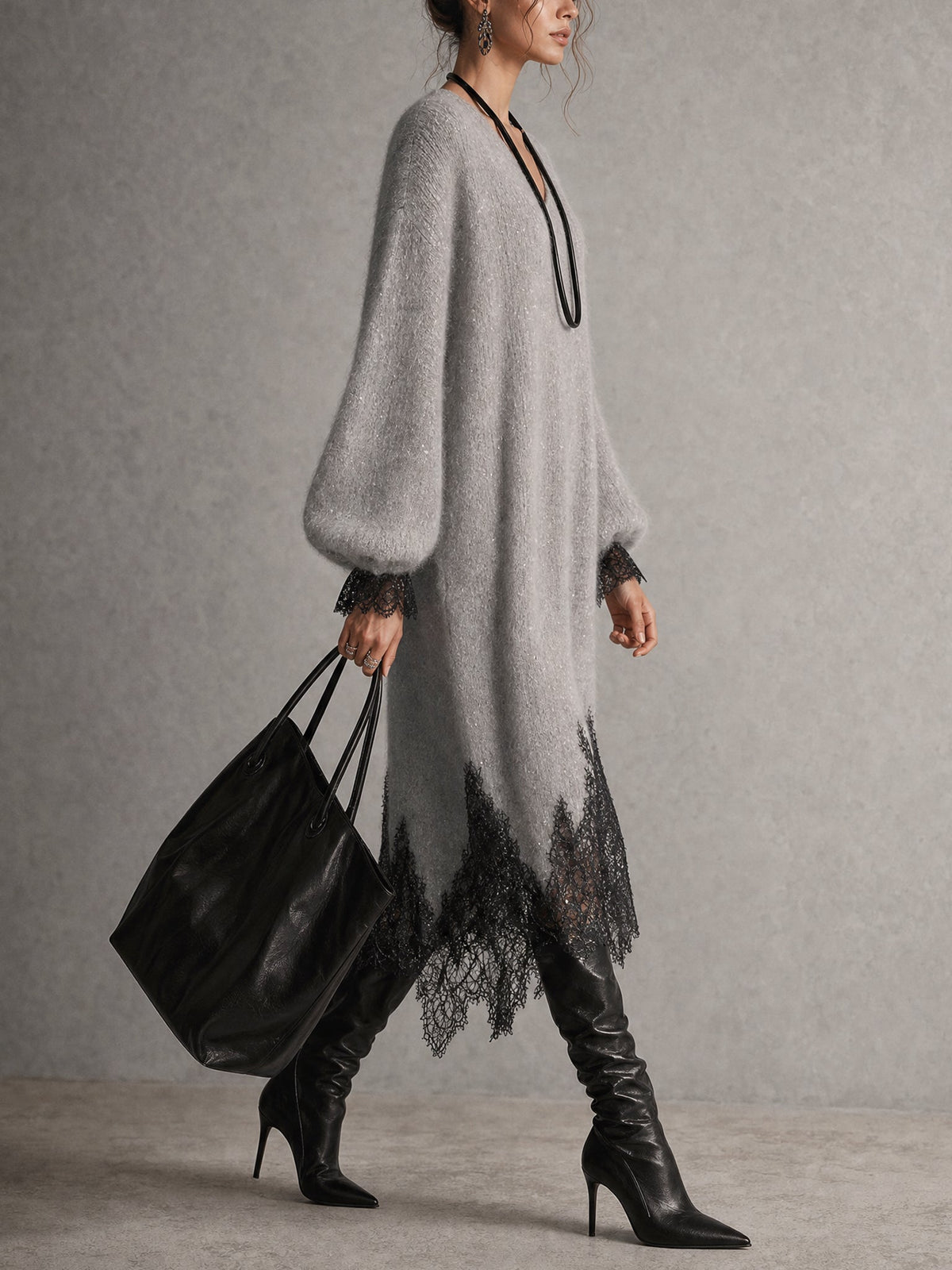 GRISELDA | Vestido Midi de Punto Luminoso con Bajo de Encaje