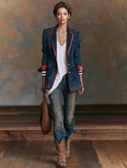 VIOLETA | Blazer de Antelina Vintage con Ribetes en Contraste