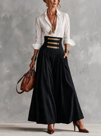 ANDREA | Conjunto Camisa Blanca y Falda Larga de Talle Alto con Botones Dorados