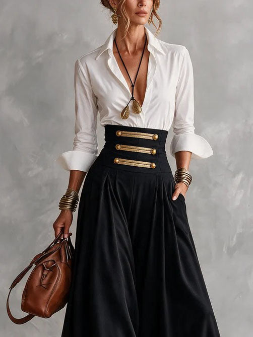 ANDREA | Conjunto Camisa Blanca y Falda Larga de Talle Alto con Botones Dorados