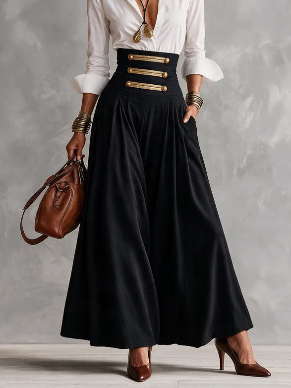 ANDREA | Conjunto Camisa Blanca y Falda Larga de Talle Alto con Botones Dorados