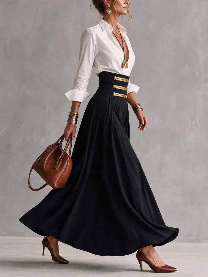 ANDREA | Conjunto Camisa Blanca y Falda Larga de Talle Alto con Botones Dorados
