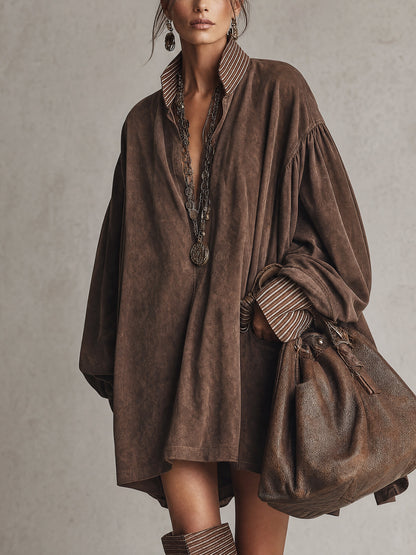 AUXILIADORA | Minivestido Camisero Oversize Efecto Ante con Cuello de Rayas
