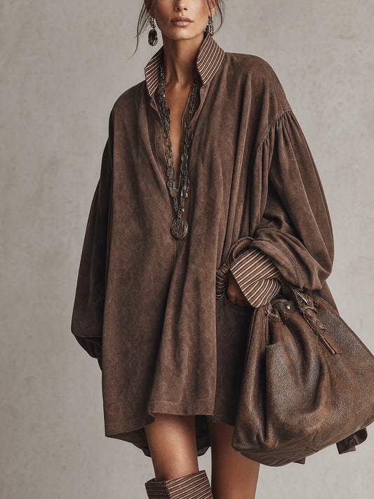 AUXILIADORA | Minivestido Camisero Oversize Efecto Ante con Cuello de Rayas