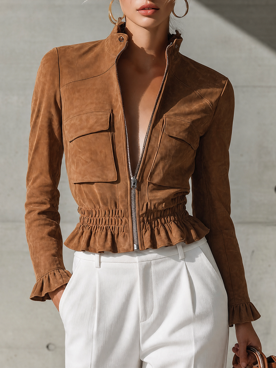 SILVIA | Chaqueta con Cremallera Delantera y Volantes en la Cintura