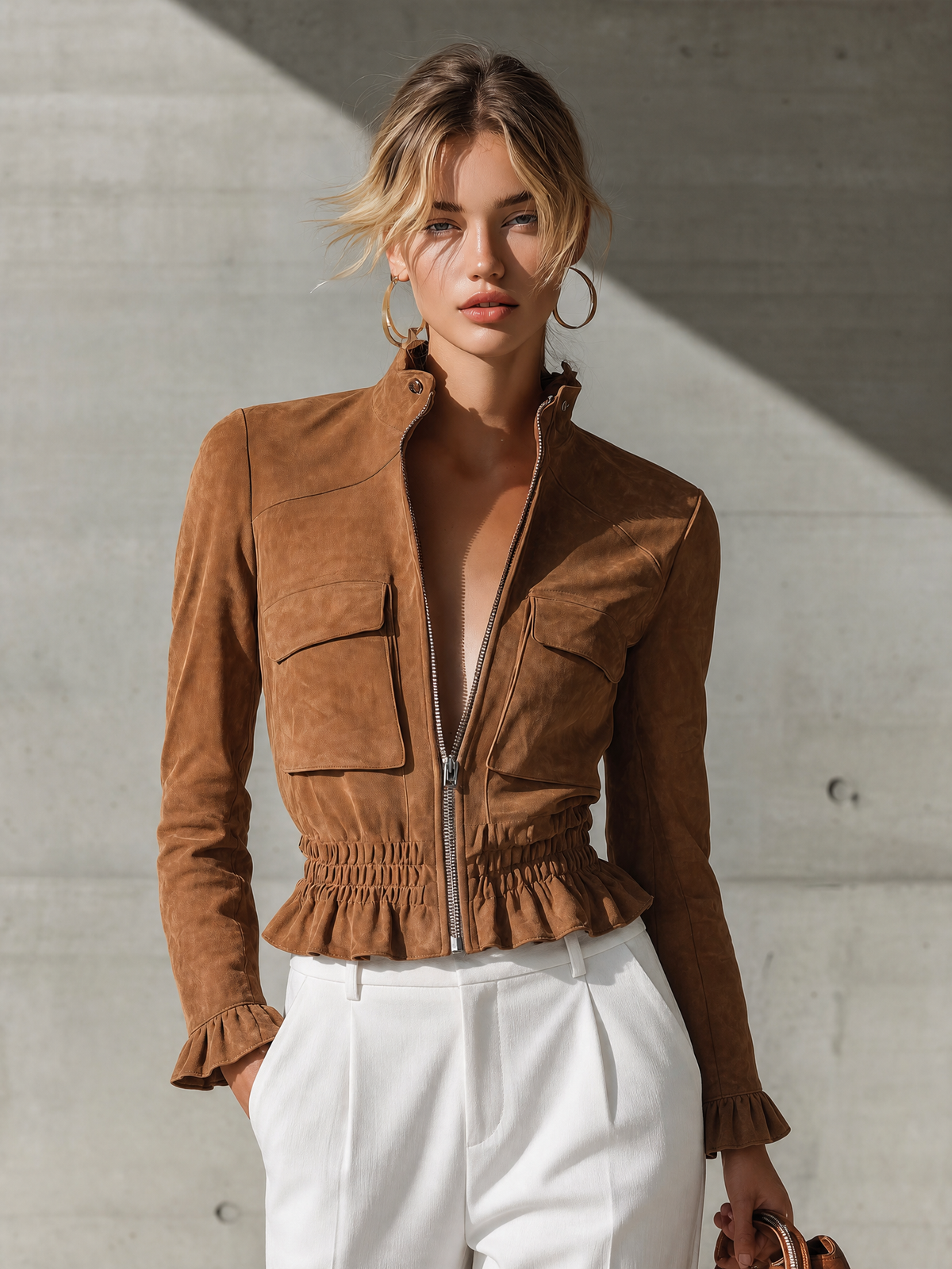SILVIA | Chaqueta con Cremallera Delantera y Volantes en la Cintura