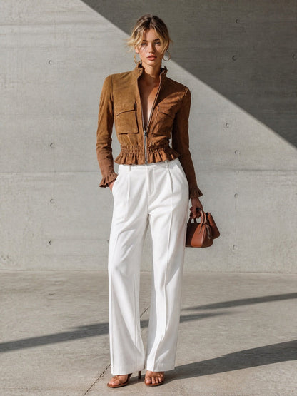 SILVIA | Chaqueta con Cremallera Delantera y Volantes en la Cintura