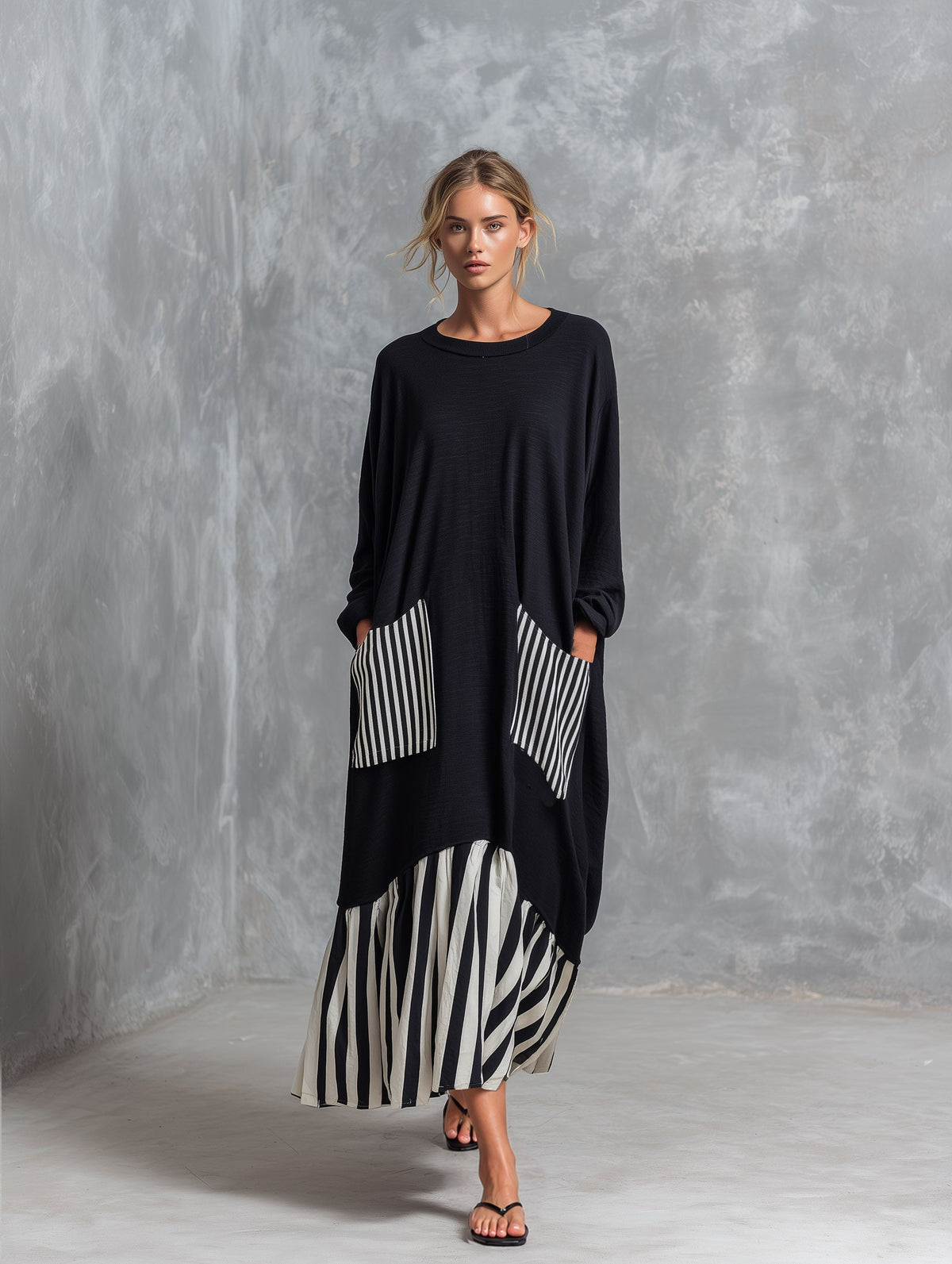CLARISA | Vestido Largo Oversize de Algodón con Rayas Patchwork