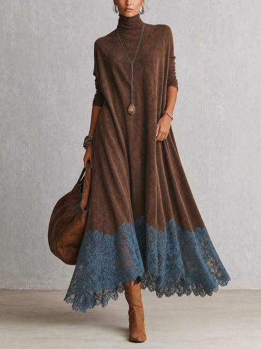 GRACIA | Vestido Largo Efecto Ante con Bajo de Encaje