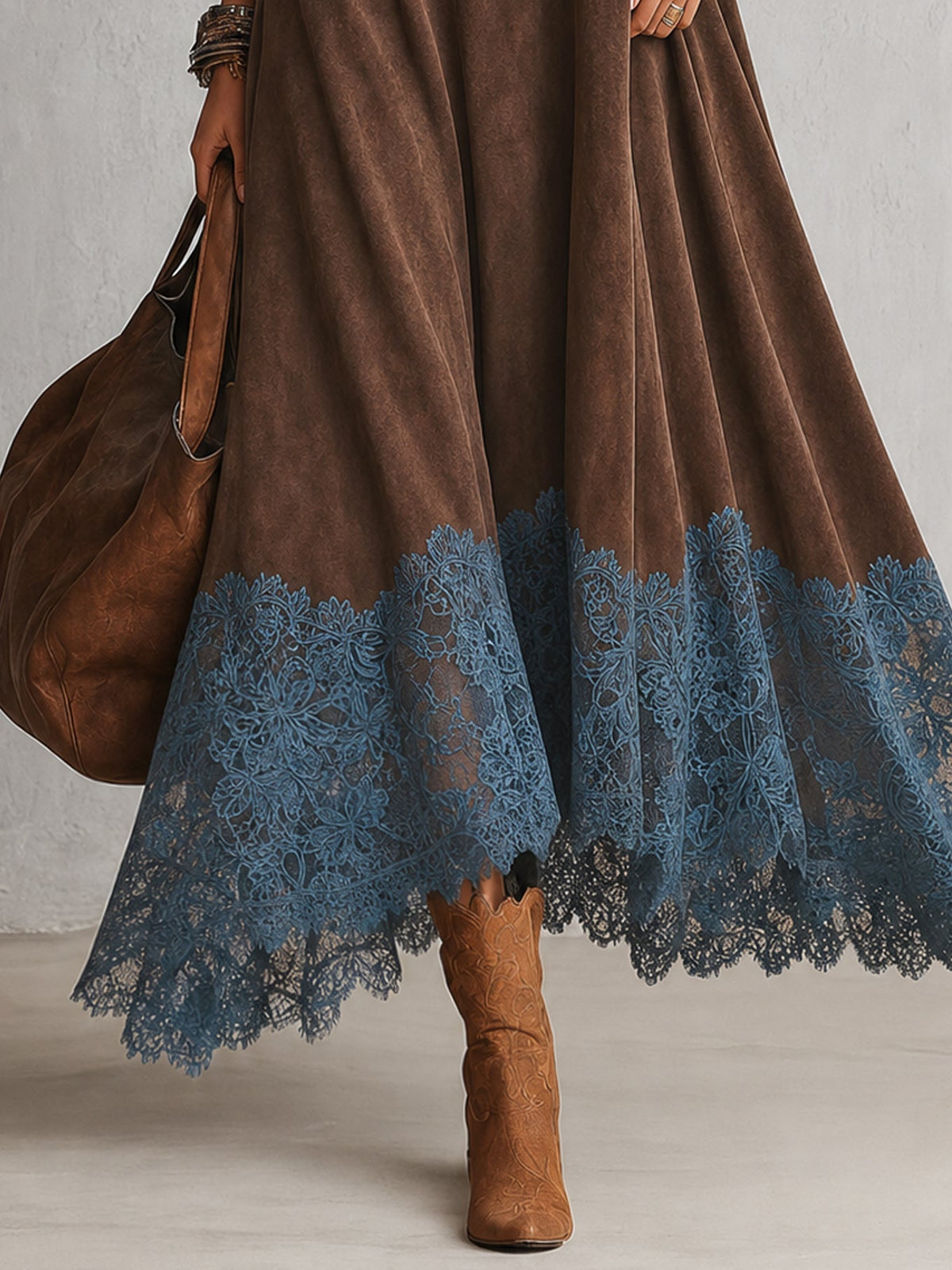 GRACIA | Vestido Largo Efecto Ante con Bajo de Encaje