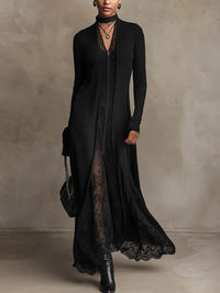 ELVIRA | Vestido Largo de Punto de Canalé con Inserciones de Encaje y Cremallera