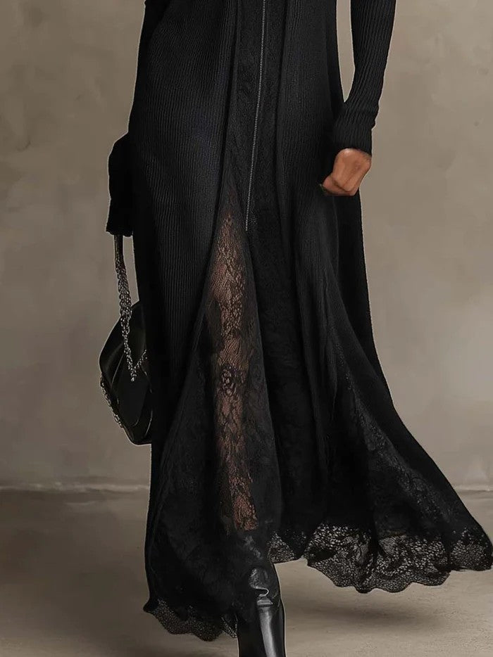 ELVIRA | Vestido Largo de Punto de Canalé con Inserciones de Encaje y Cremallera