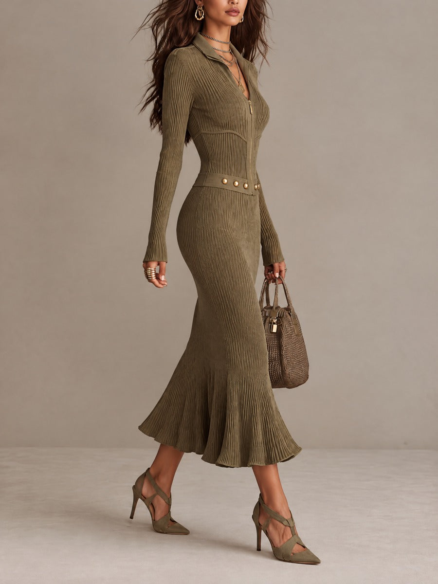 DIVINA | Vestido Midi de Canalé con Cremallera, Bajo Sirena y Cinturón de Tachuelas