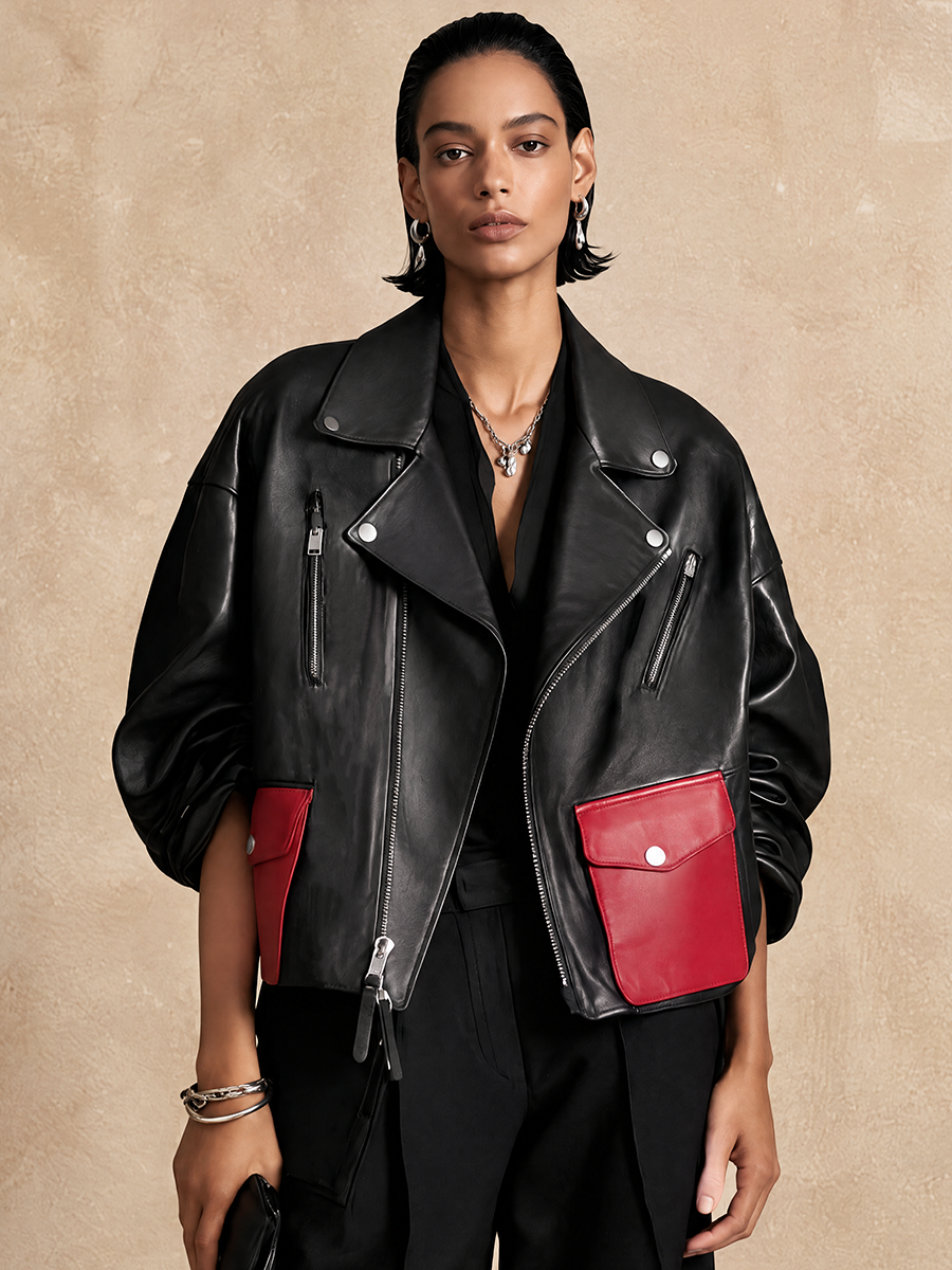 MAR | Chaqueta de Piel con Bolsillos en Contraste