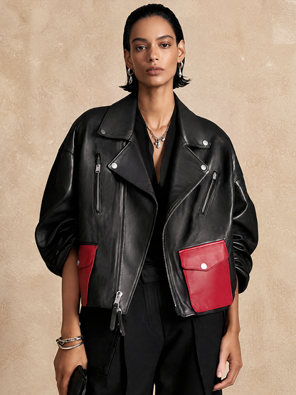 MAR | Chaqueta de Piel con Bolsillos en Contraste