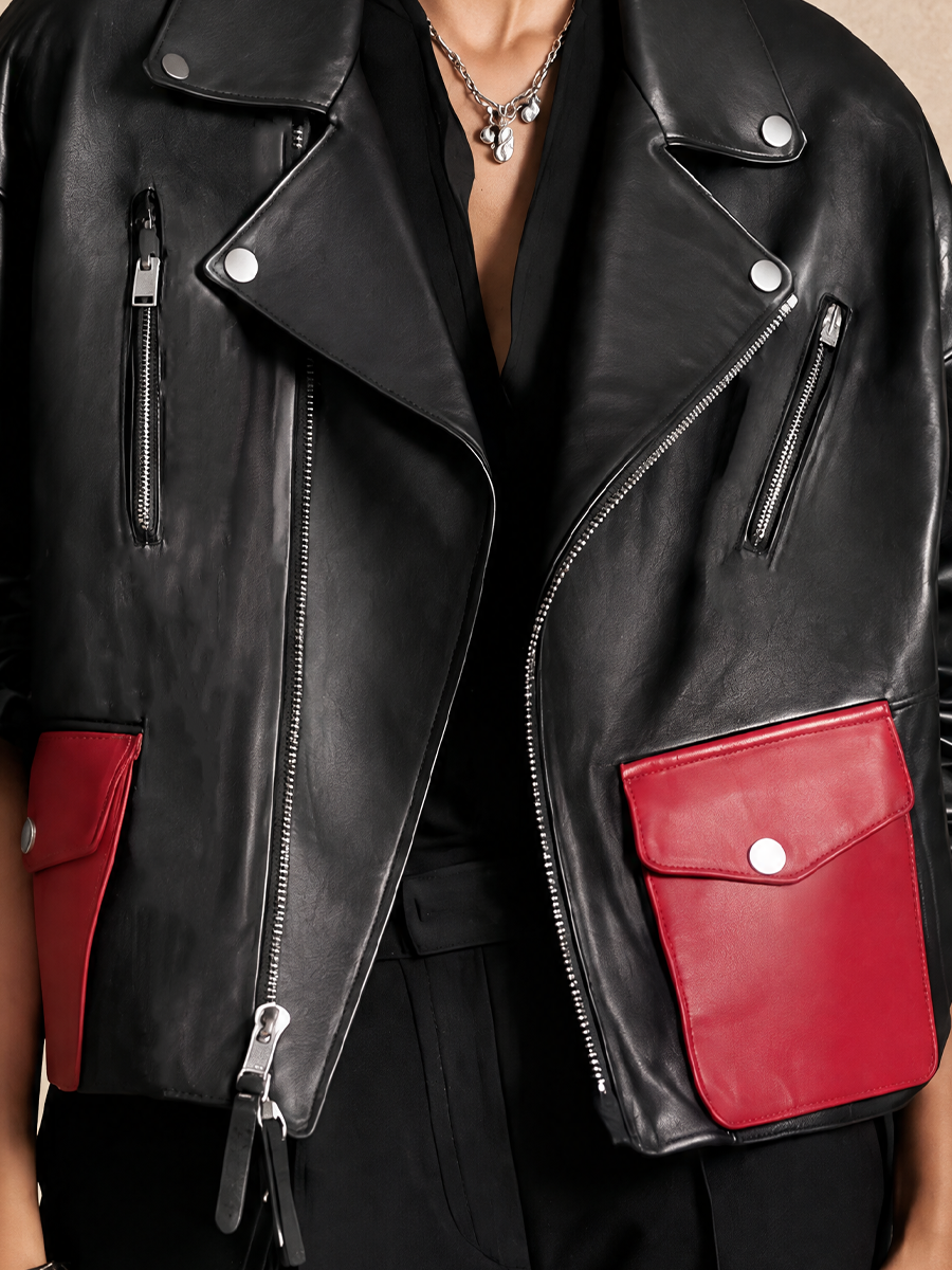 MAR | Chaqueta de Piel con Bolsillos en Contraste