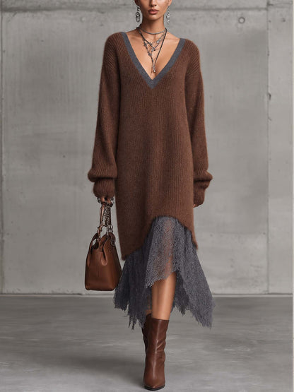 FÁTIMA | Vestido Midi de Punto de Mohair Marrón Chocolate con Bajo de Encaje