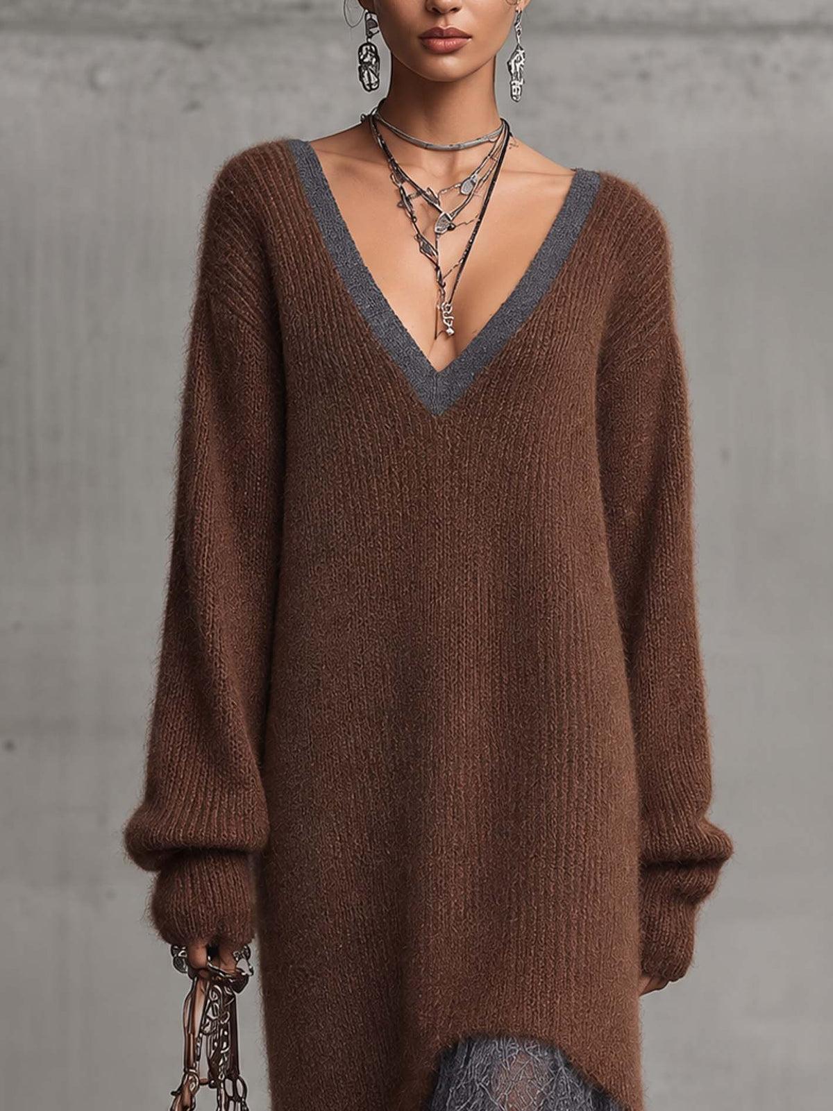 FÁTIMA | Vestido Midi de Punto de Mohair Marrón Chocolate con Bajo de Encaje