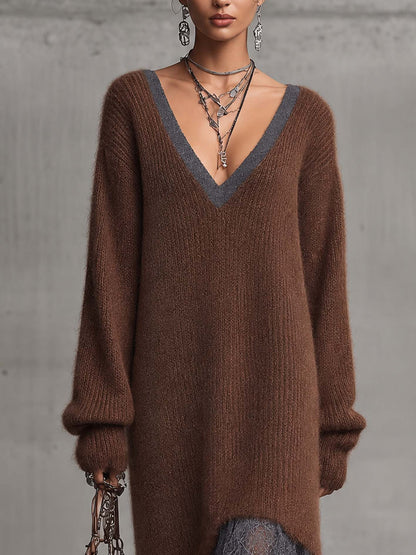 FÁTIMA | Vestido Midi de Punto de Mohair Marrón Chocolate con Bajo de Encaje