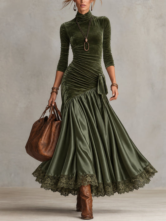 GEMA | Vestido Largo de Terciopelo y Satén Verde Oliva con Bajo de Encaje