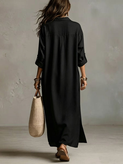 TERESITA | Vestido Camisero Largo con Escote en V y Bolsillos