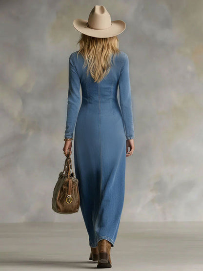 DOLORES | Vestido Largo Vaquero con Escote de Pico y Abertura Lateral