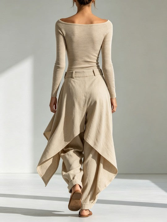 SIRA | Conjunto de Top Beige con Cuello Barco y Pantalones Anchos con Volantes