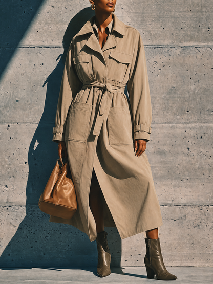 ROSALÍA | Gabardina Beige con Bolsillos Utility y Cinturón