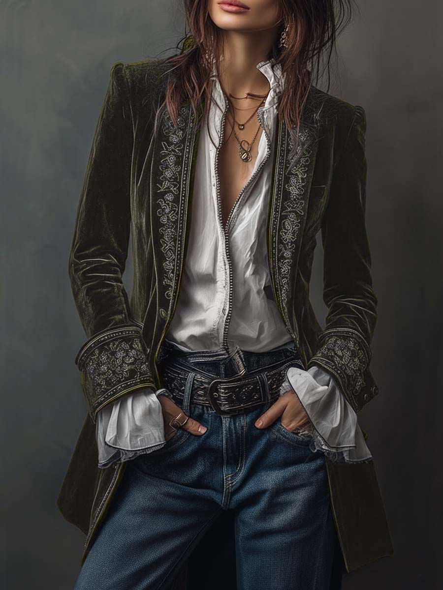 VIVIANA | Chaqueta Larga Bordada Vintage Azul Marino