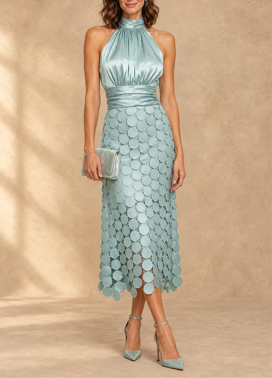 ROSANA | Vestido Midi de Ceremonia con Cuello Halter y Aplicaciones
