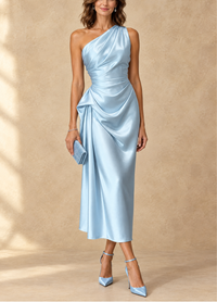 ZAHARA | Vestido Midi de Satén de un Hombro Fruncido