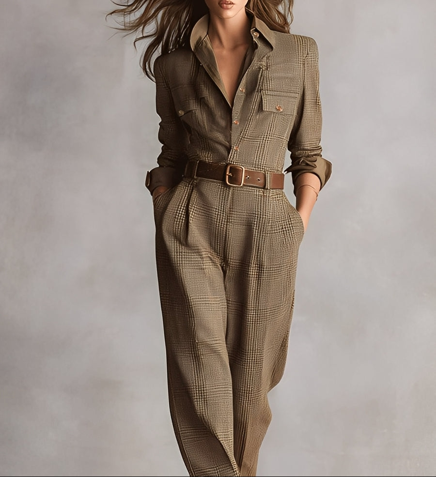 ENARA | Mono de Cuadros de Pierna Ancha con Cinturón