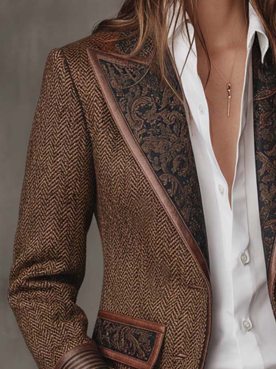 LUCIANA | Blazer Marrón con Aplicaciones Estampadas en Zigzag