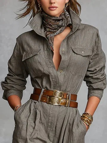 CLAUDIA | Mono de Mezcla de Lino y Algodón con Cuello Camisero