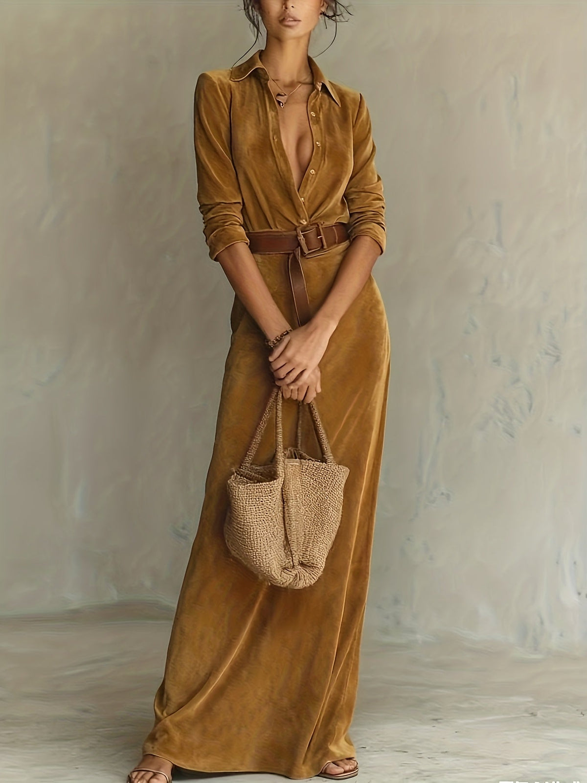 CARIDAD | Vestido Largo de Antelina con Cinturón y Cuello