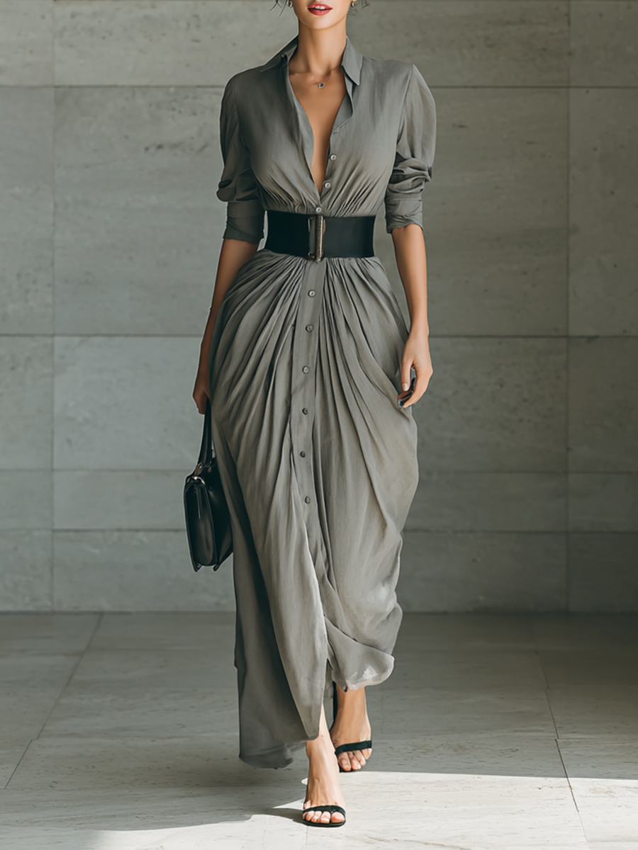 EMILIANA | Vestido Largo de Pliegues con Cuello de Solapa