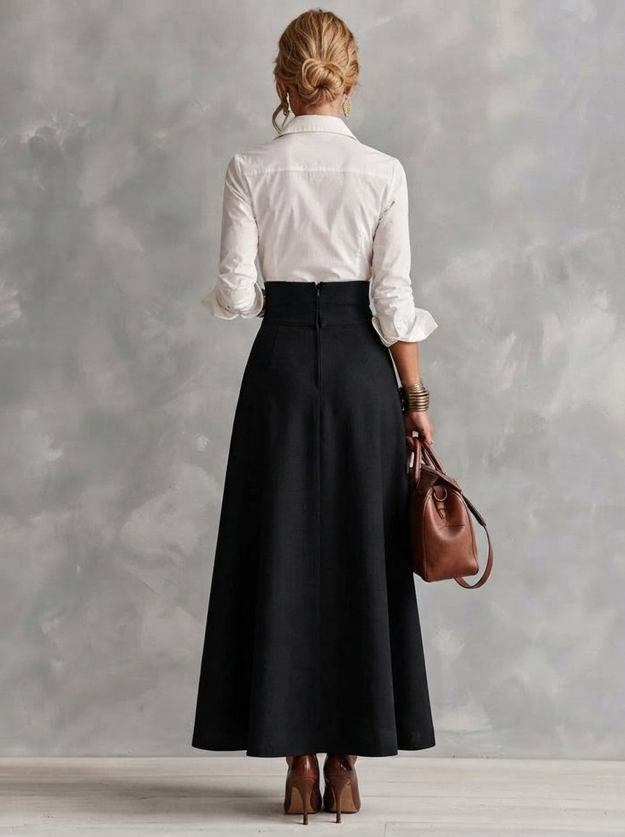 ANDREA | Conjunto Camisa Blanca y Falda Larga de Talle Alto con Botones Dorados