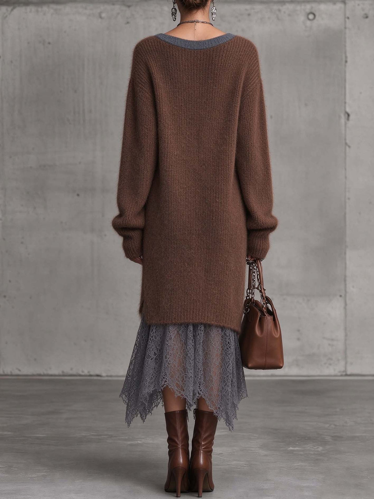 FÁTIMA | Vestido Midi de Punto de Mohair Marrón Chocolate con Bajo de Encaje