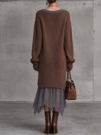 FÁTIMA | Vestido Midi de Punto de Mohair Marrón Chocolate con Bajo de Encaje