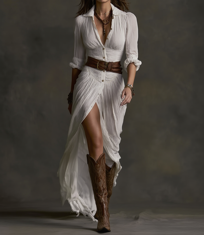 ESMERALDA | Vestido Largo Plisado de Mezcla de Algodón y Lino con Cinturón