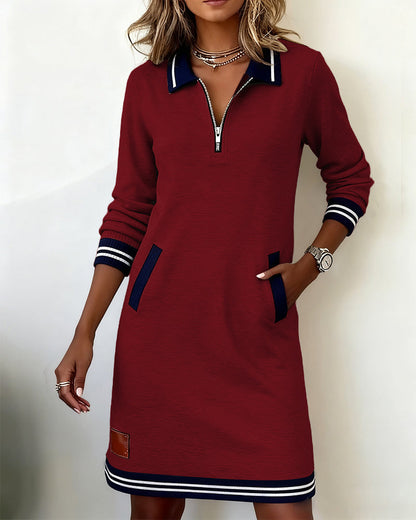 EULALIA | Vestido Casual de Manga Larga con Cremallera y Cuello en Contraste