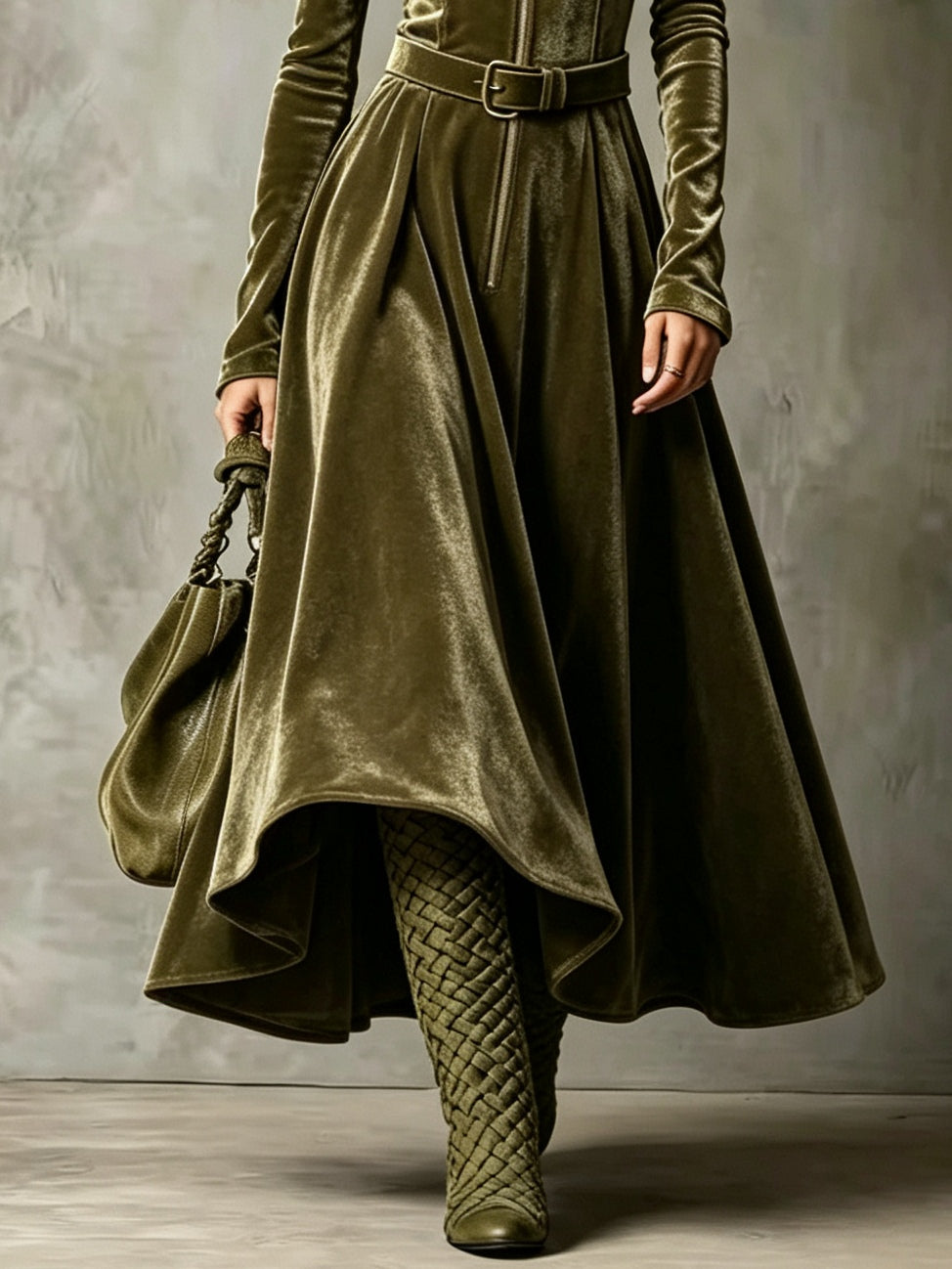 FLAVIA | Vestido Largo de Terciopelo Verde Oliva con Cremallera y Cinturón