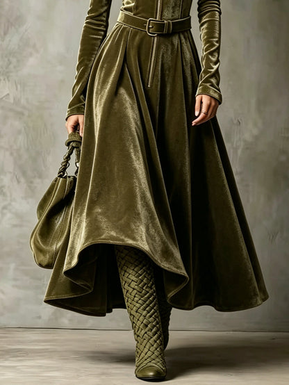 FLAVIA | Vestido Largo de Terciopelo Verde Oliva con Cremallera y Cinturón
