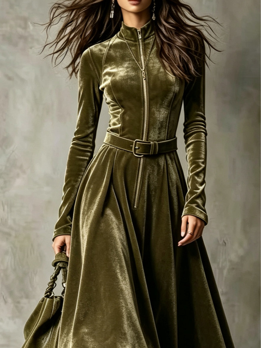 FLAVIA | Vestido Largo de Terciopelo Verde Oliva con Cremallera y Cinturón
