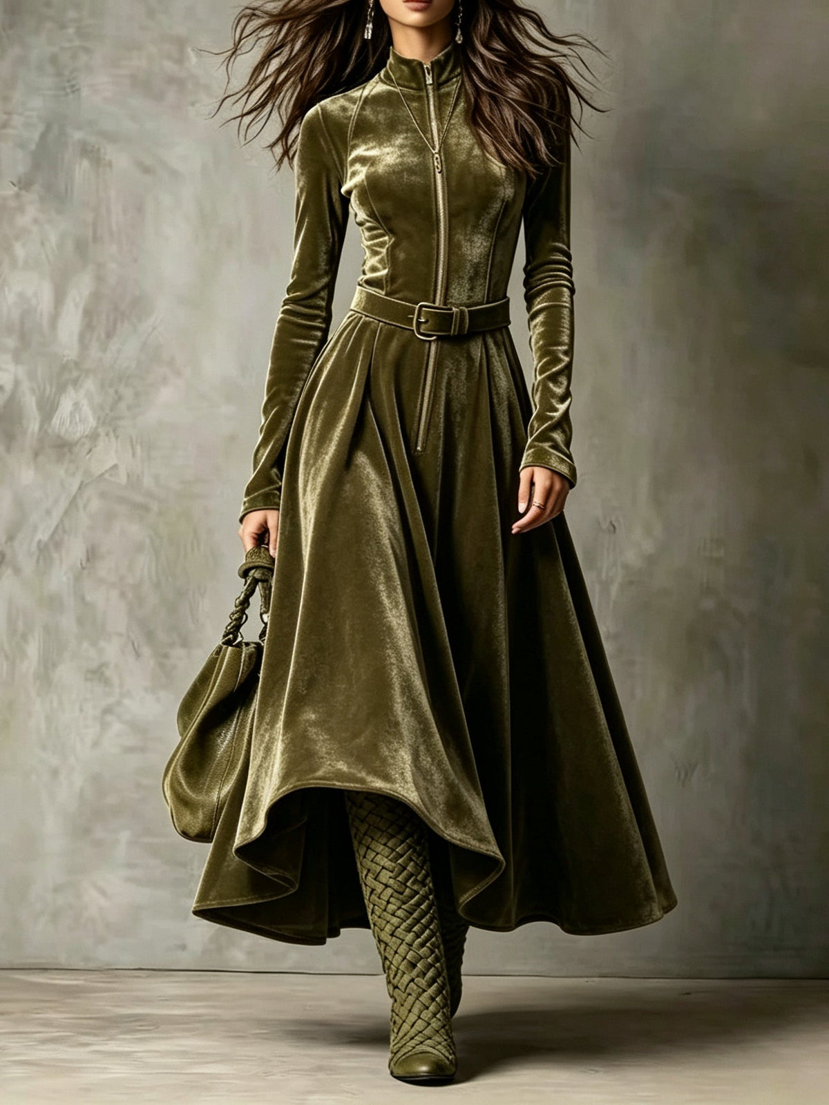 FLAVIA | Vestido Largo de Terciopelo Verde Oliva con Cremallera y Cinturón
