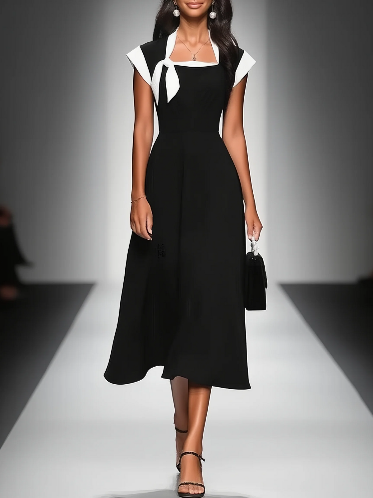 GISELA | Vestido Midi con Escote Cuadrado y Mangas Color Block