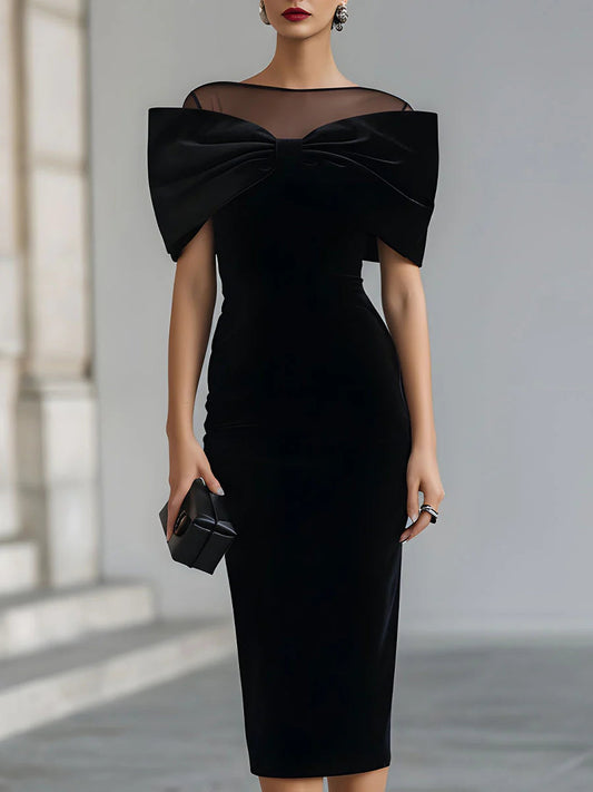 UXUE | Vestido Midi de Terciopelo con Gran Lazo y Escote de Tul